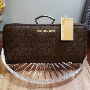 NWT Michael Kors Brown Travel Continental Wallet with Gold Accents